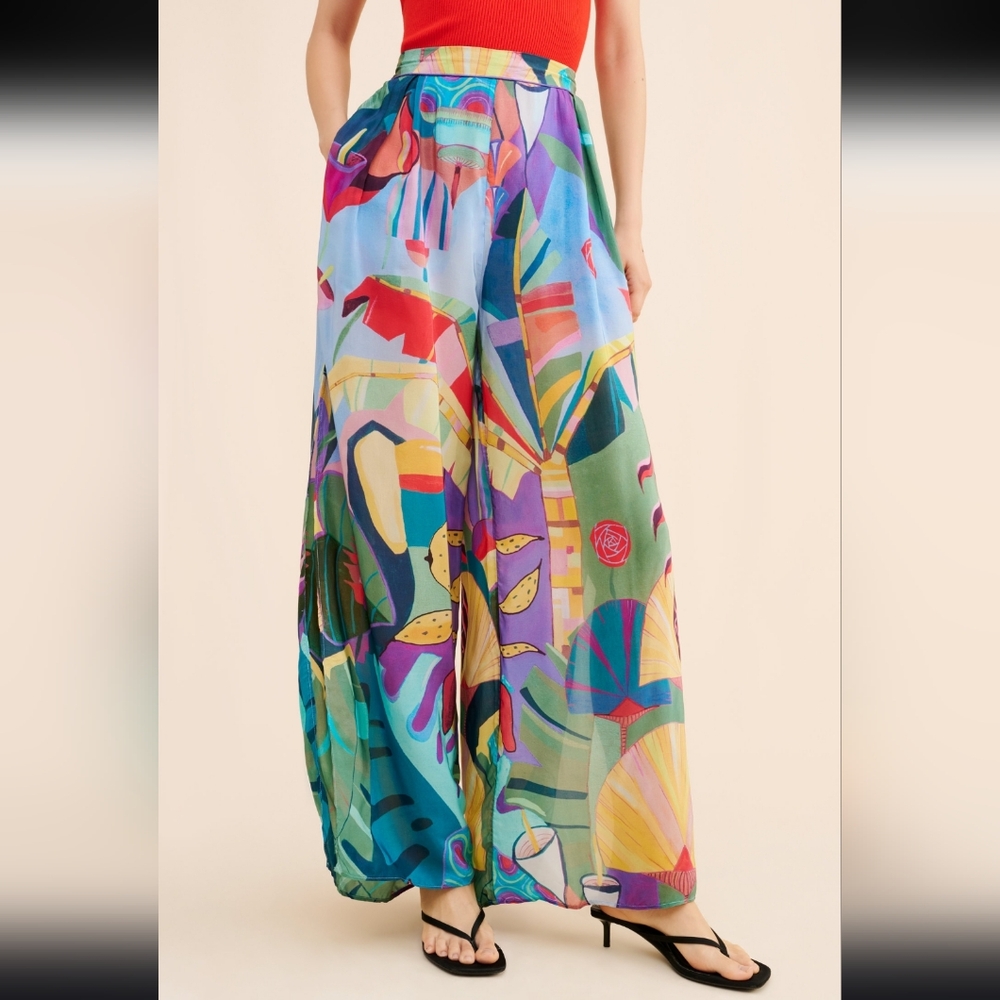 EUC FARM RIO Tropical Scenario Blue Slit Shiny Pants Size M - Picture 2 of 10